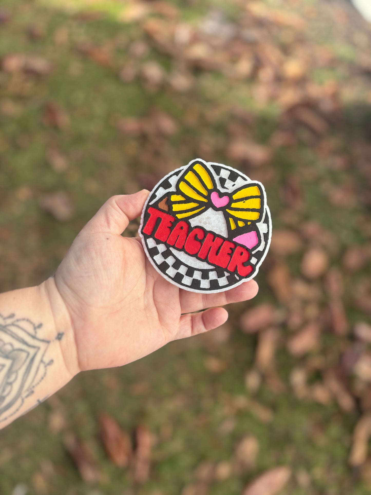 Checkered Teacher with Pencil Bow